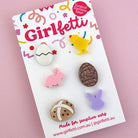 Easter egg, chicken, Easter bunny rabbits, chocolate easter egg and hot cross bun acrylic stud earring pack